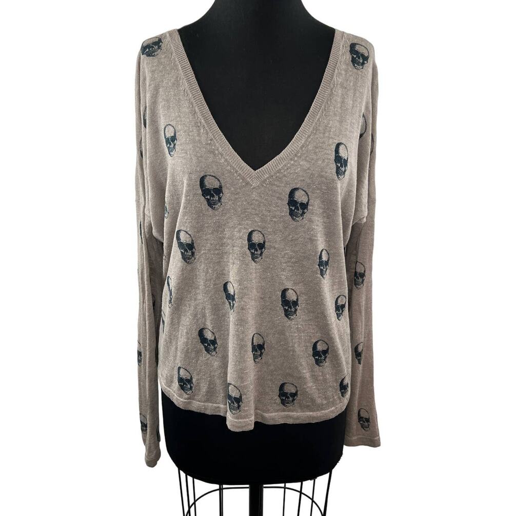 SKULL Cashmere Beige Black V-Neckline Long Sleeve Linen Pullover Sweater Size M